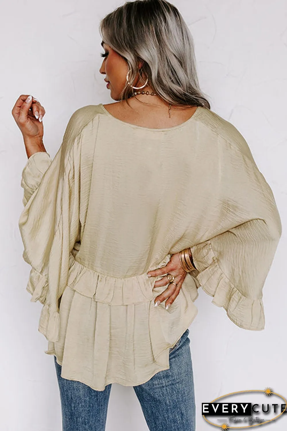Apricot V Neck Draped Batwing Sleeve Ruffle Top