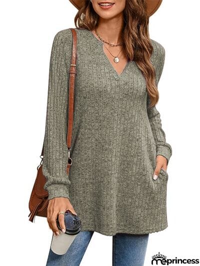 Slit Notched Pocketed Long Sleeve T-Shirt