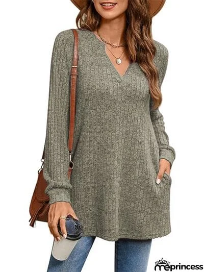 Slit Notched Pocketed Long Sleeve T-Shirt