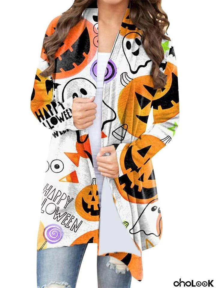 Women's Pumpkin Ghost Cat Printed Open Front Halloween Blouses