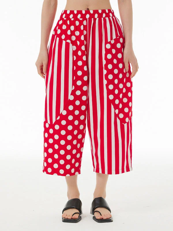 Chic Red Polka-Dot Split-Joint Striped Cropped Cropped Pants 