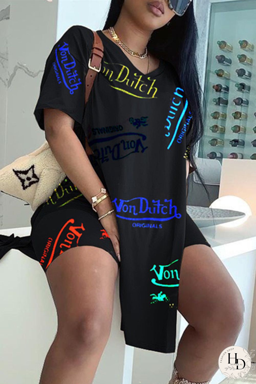 Black Fashion Casual Print Slit V Neck Short Sleeve Two Pieces