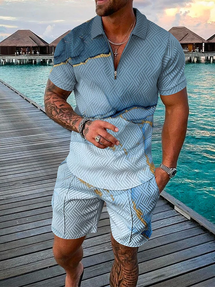 Men's Holiday Art Blue Printed Polo Suit