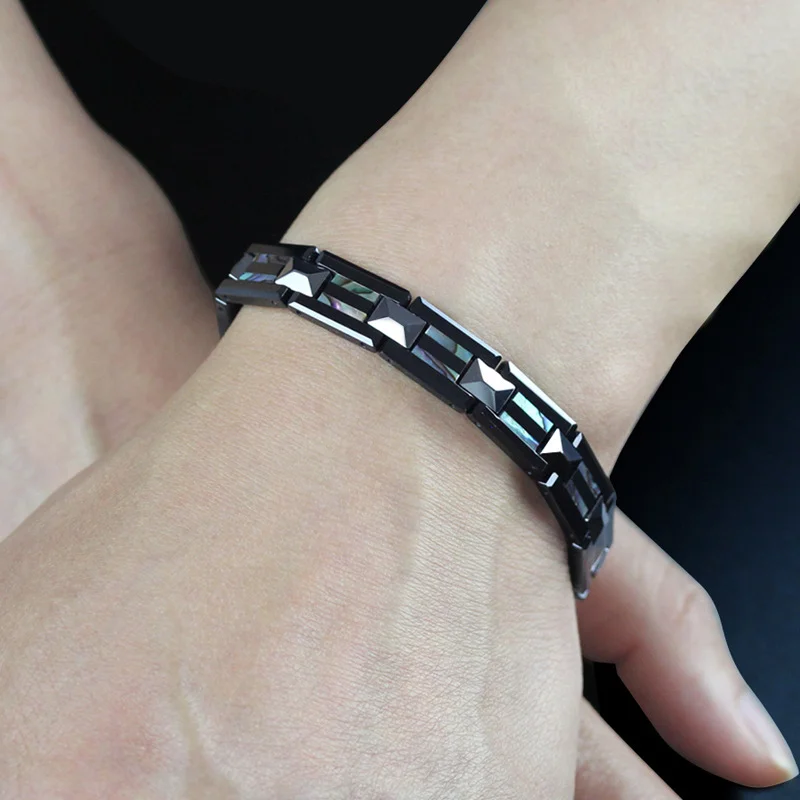 Women's Or Men's Unisex Personalised Tungsten Carbide 205mm Long Hologram Energy Bracelet with Natural Shell Inlay Fashion Link Chain Jewelry Gifts For Mens And Womens