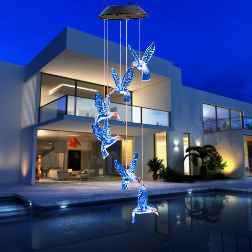 Solar LED Color Changing Wind Chime Lamps Hummingbird Pendant Lights (A)