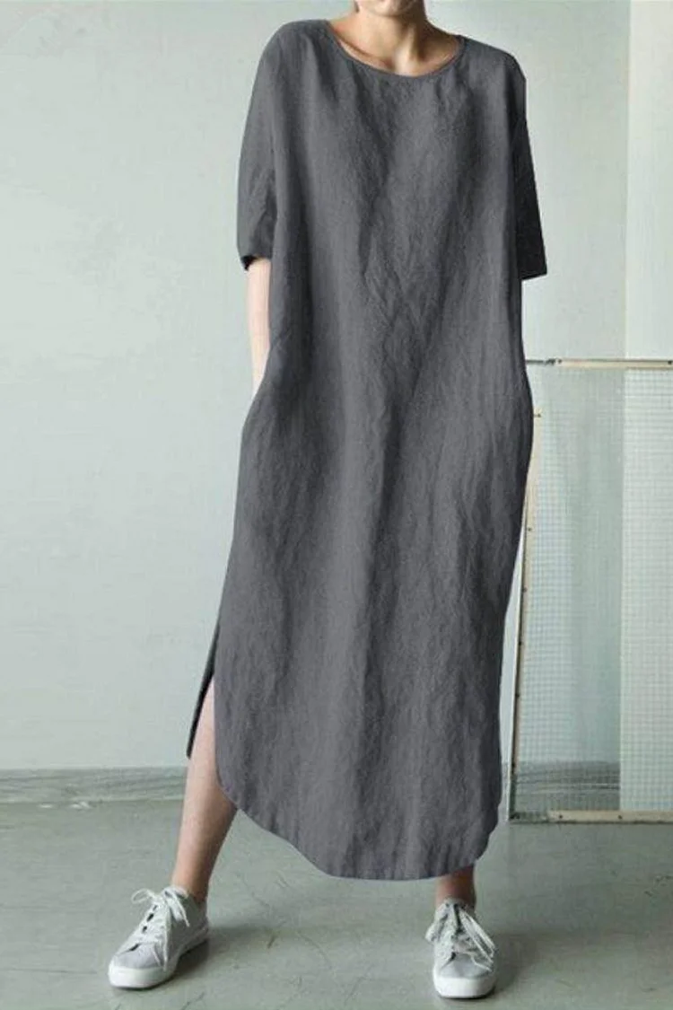 Plus Size Casual Grey Cottn And Linen Split Round Neck Maxi Dress  Flycurvy [product_label]