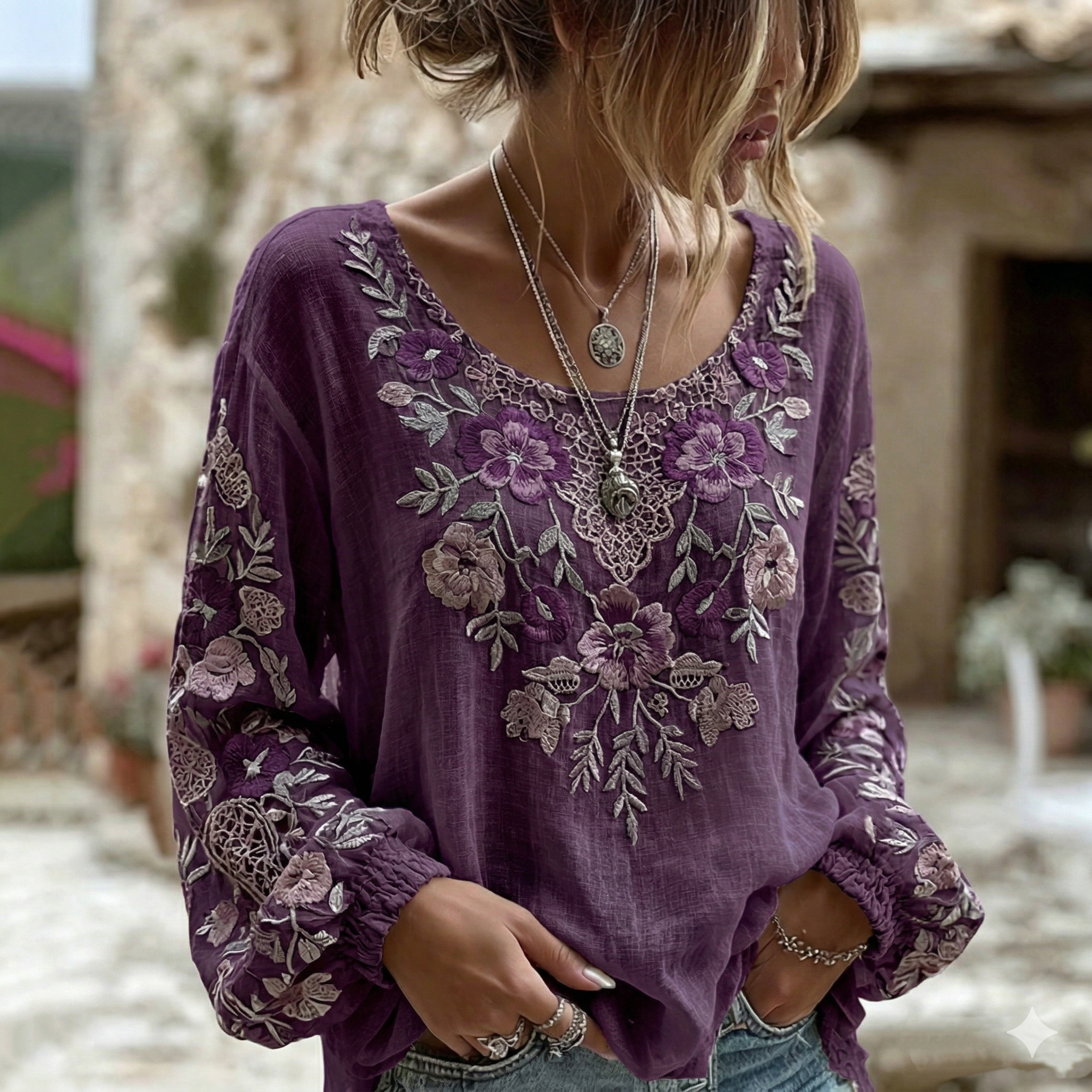 Women's Retro Bohemian Floral Pattern Long Sleeve Linen Blend T-shirt elevenforest