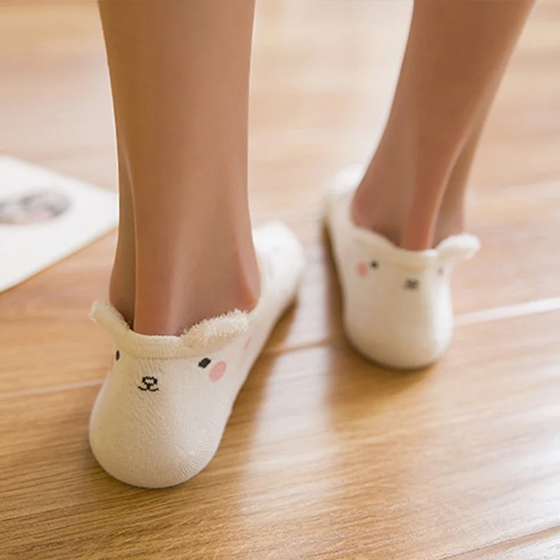 1 Pair Women Socks Cartoon Kawaii Cute Japanese Slippers Korean Style 3D Ear Boat Short Sock Cotton Cat Animal Female Sox