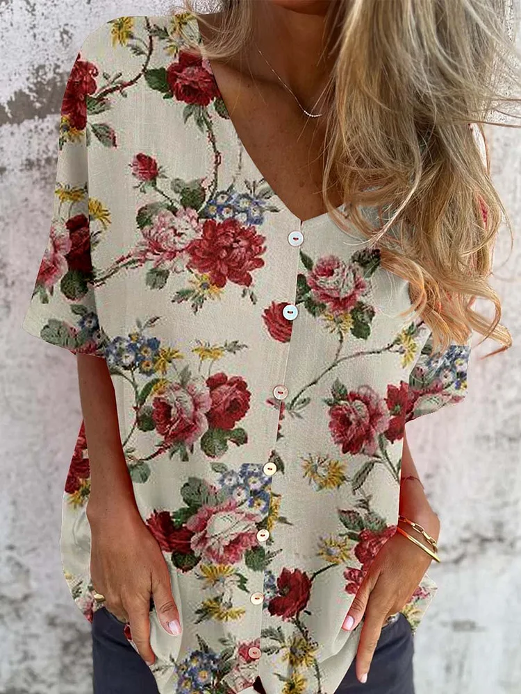 Women's Classic Elegant Floral Pattern Shirt Style Cotton and Linen Top