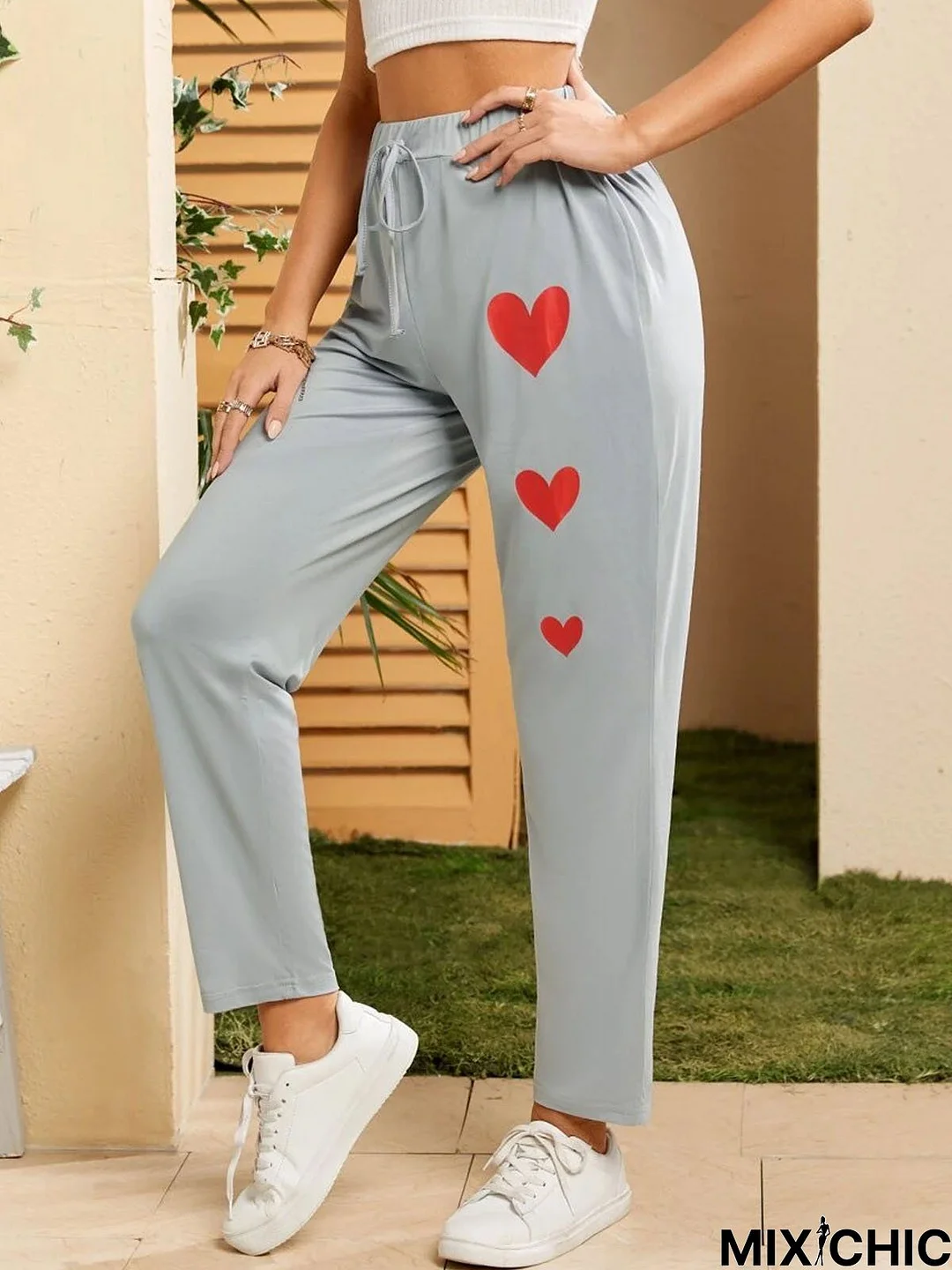 Casual Heart/Cordate Printed Lace-up Sweatpants