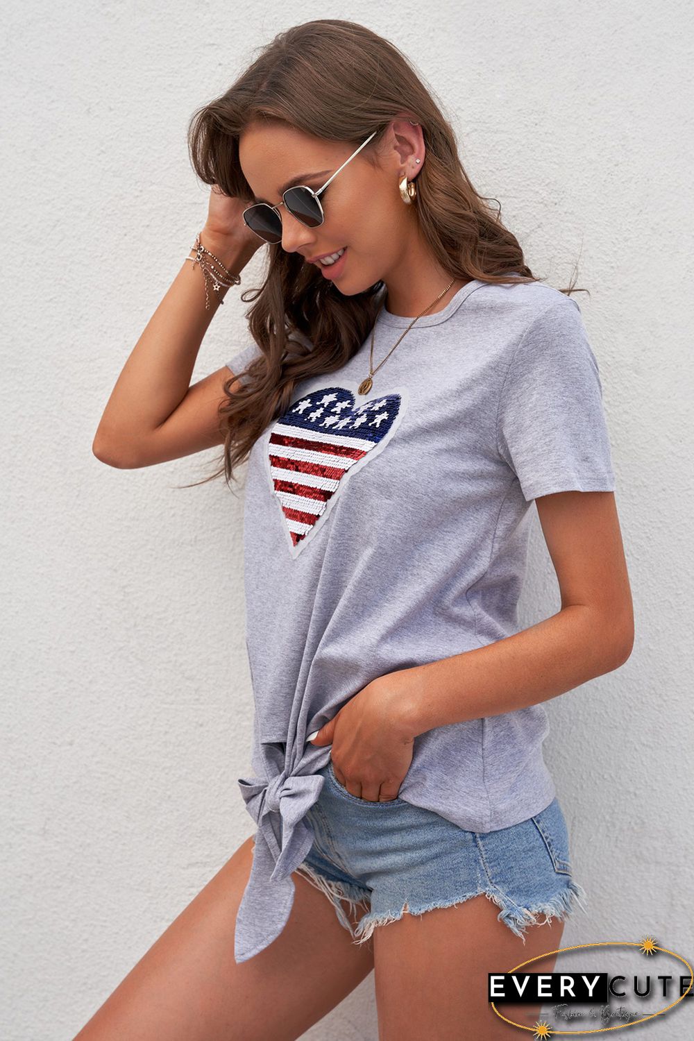 Mommy Patriotic Flag Sequin Heart Applique Knot Top