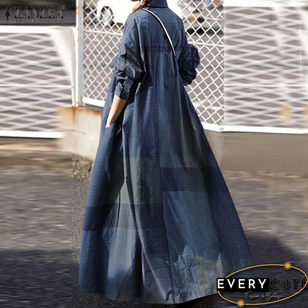 Women Kaftan Full Sleeve Length Oversize Ladies Casual Plaid Check Maxi Shirt Dress Plus Size