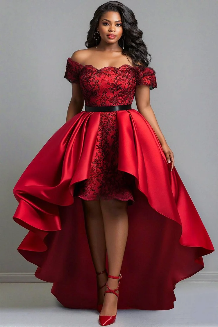 Xpluswear Design Plus Size Formal Lace Red Off The Shoulder Peplum Vintage High Low Hem Satin Midi Dresses [Pre-Order]