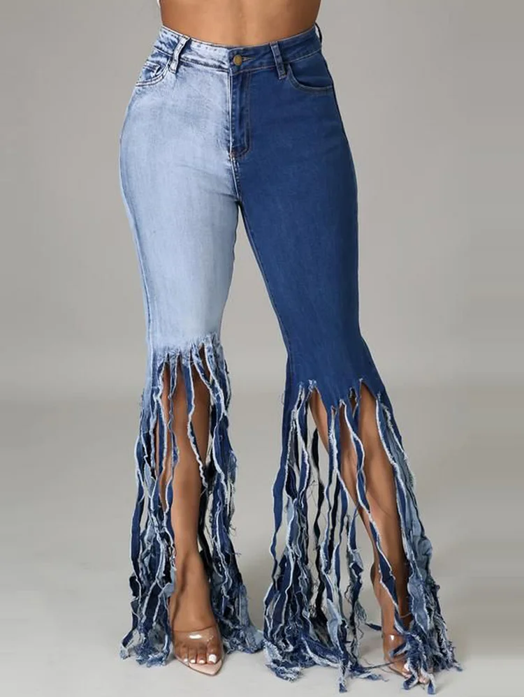 Fashion Colorblock Tassel Patchwork Skinny Denim Flare Leg Jeans