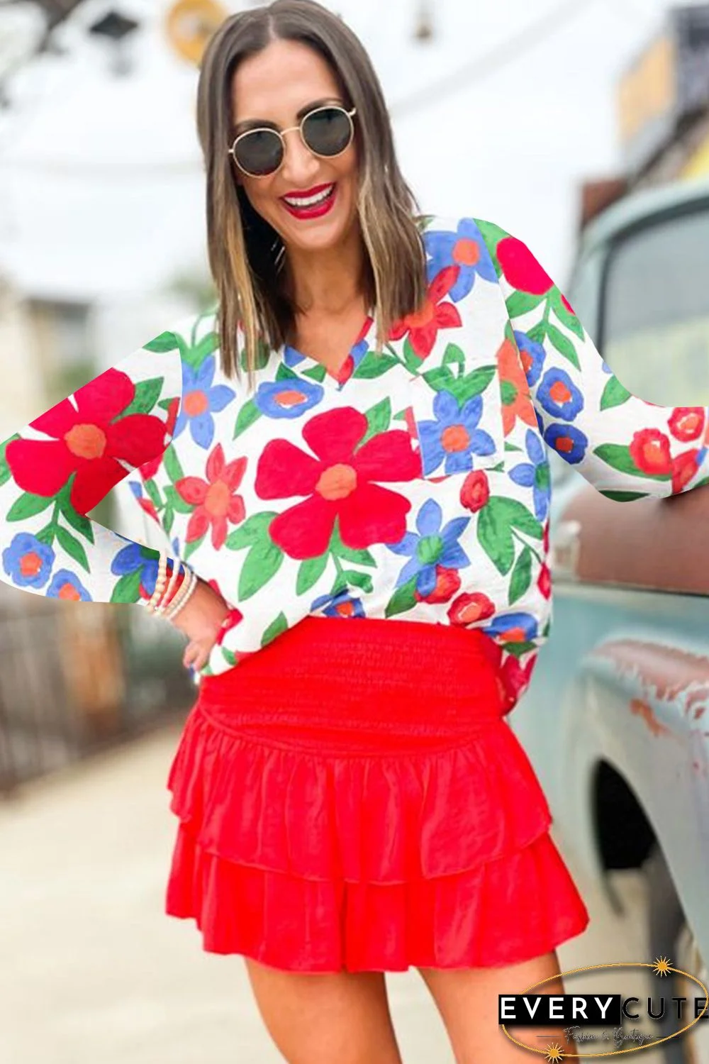 White Floral Print V Neck Long Sleeve Blouse