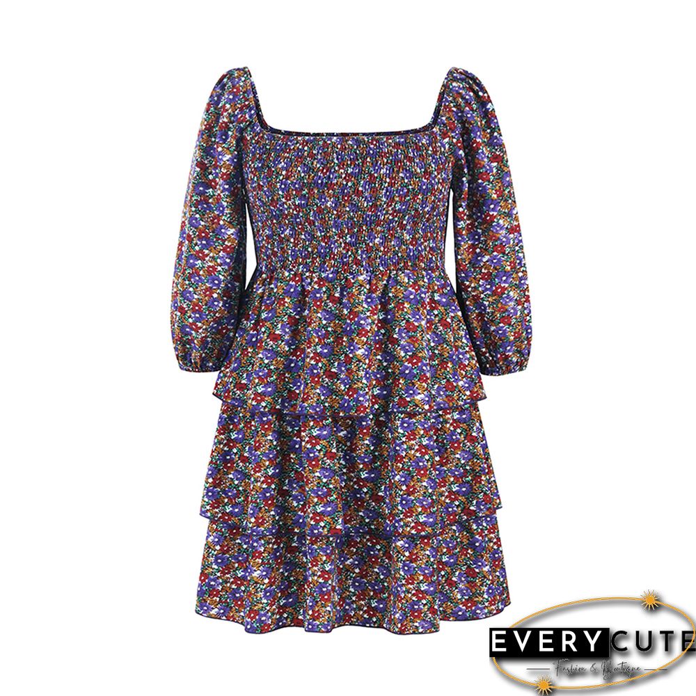 Purple Square Neck Layered Long Sleeve Floral Dress