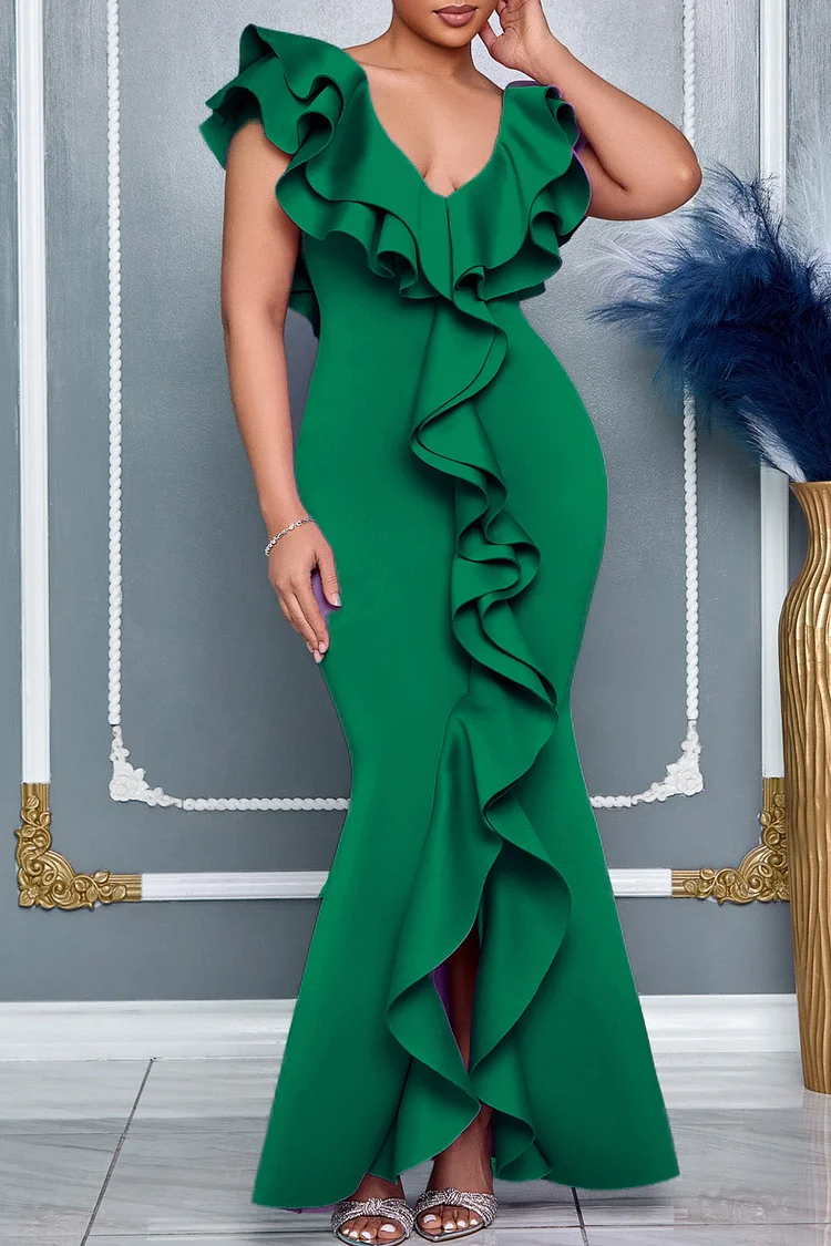 Ruffled V Neck Slit Mermaid Maxi Dress-Green