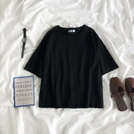 Summer Tee Shirt Solid Color Basic T-Shirt Women Casual O-neck Harajuku Top Korean Hipster Cotton Basic Tshirt