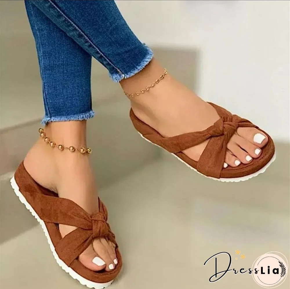 Women Casual Slip on Sandals Beach Shoes with Suede Bow Female Open Toe Platform Slippers Daily Comfortable Flip Flops