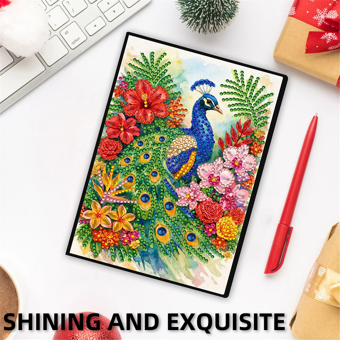 DIY Flower Diamond Painting Journals Notebooks 50 Pages A5 No Lines Special Shaped Diamond Art Kits for Beginners Craft Lovers and Artists (Peacock and Flowers)