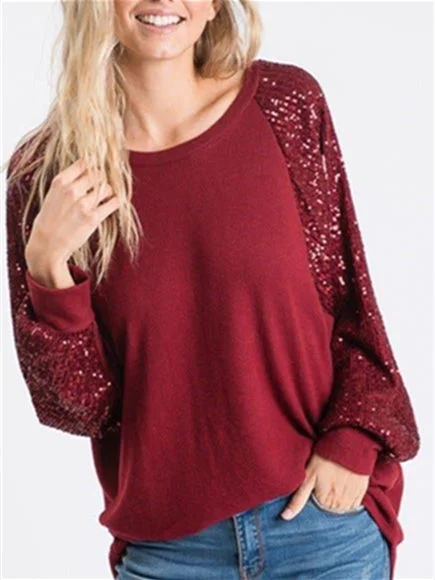 Women's Stitching Sequin Pattern Solid Color Scoop Neck Long Sleeve Top