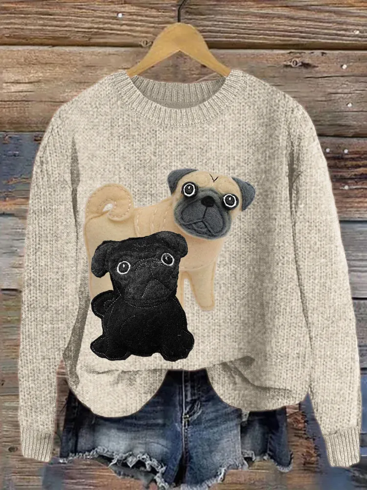 Lovely Pug Dogs Felt Applique Cozy Sweater