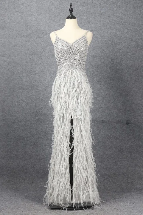 Daisdas Luxury Sliver Mermaid Spaghetti Strap Prom Dress Split Sleeveless Feathers Beading 
