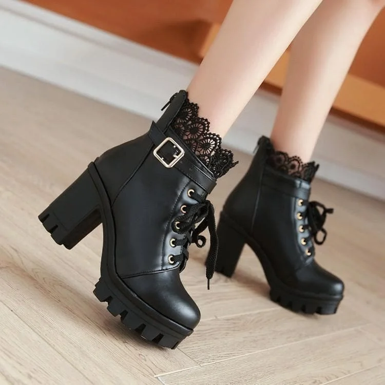 Final Stock! Black/White Lace Buckle High Heel Boots SP1710666