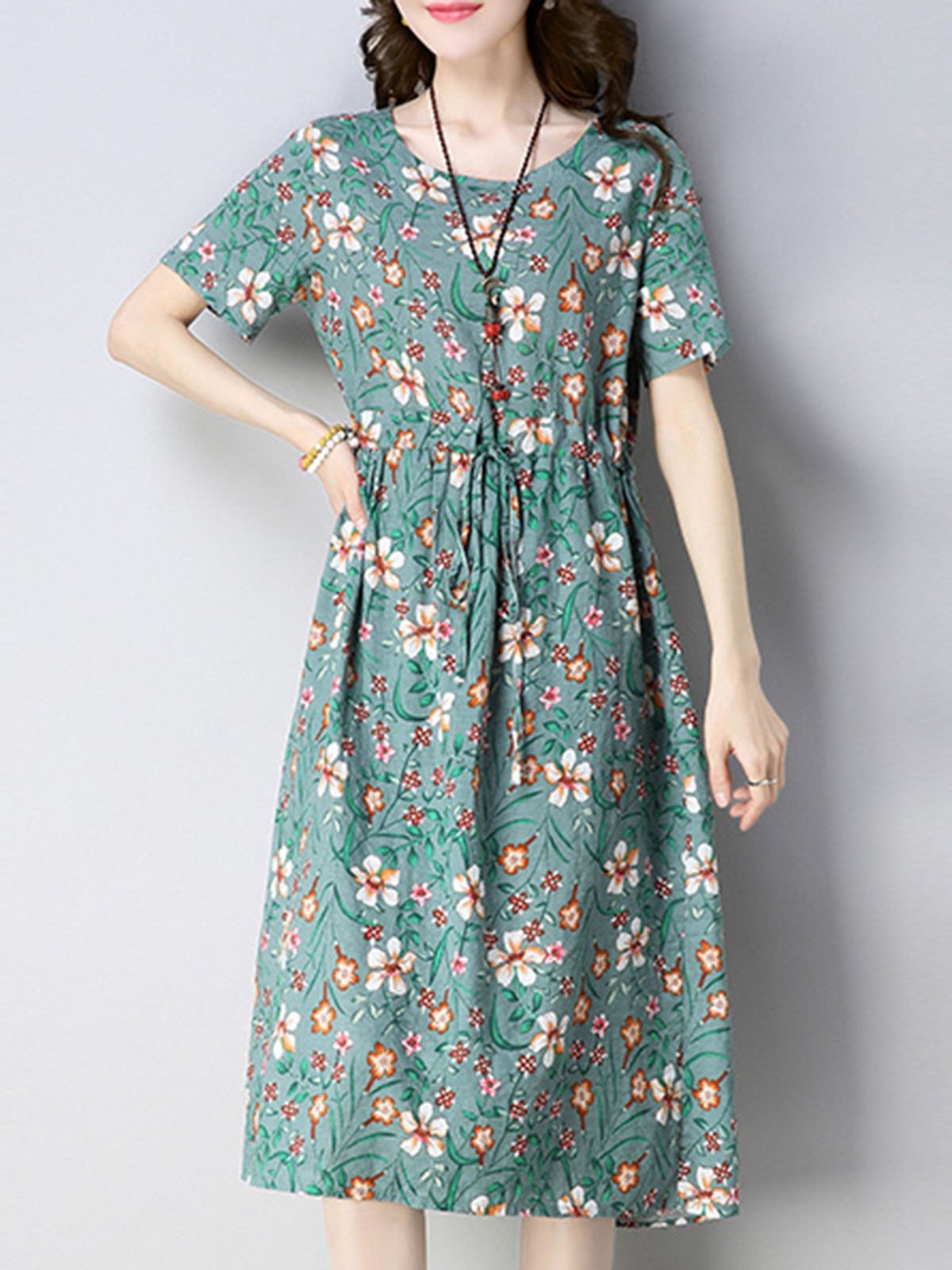 Floral Print Crew Neck Women A-Line Dresses