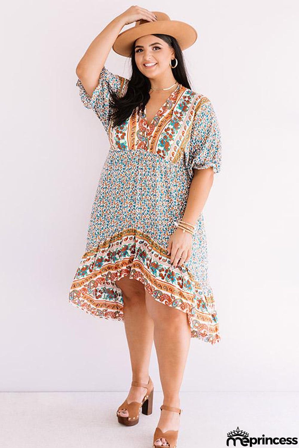 Plus Size Bohemian Floral Print Puff Sleeve Ruffle Dress
