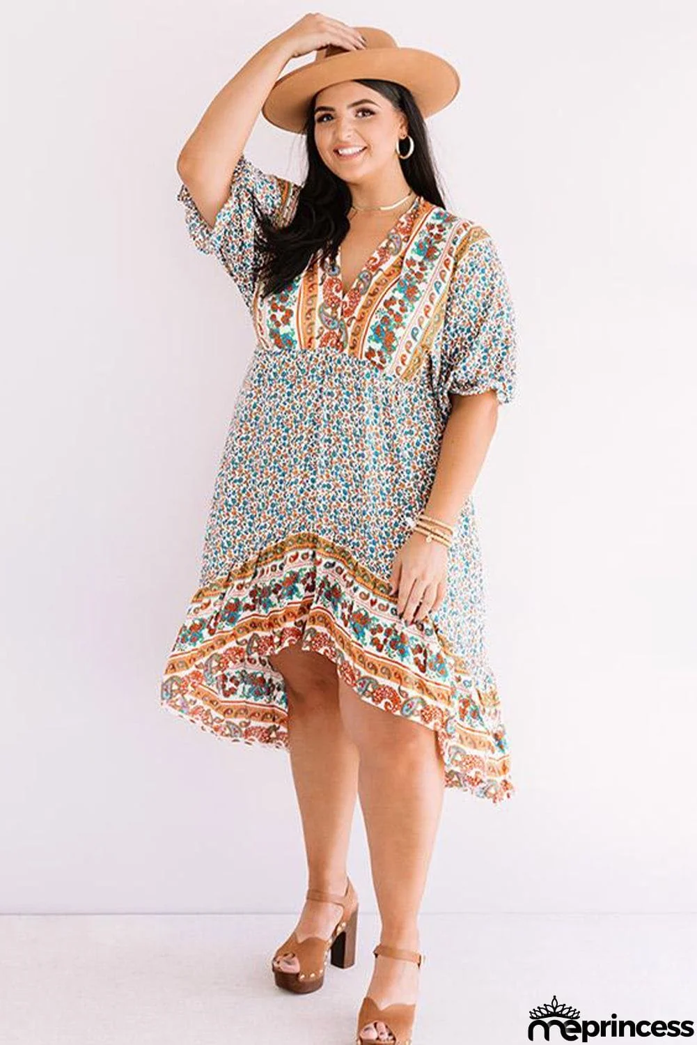 Plus Size Bohemian Floral Print Puff Sleeve Ruffle Dress