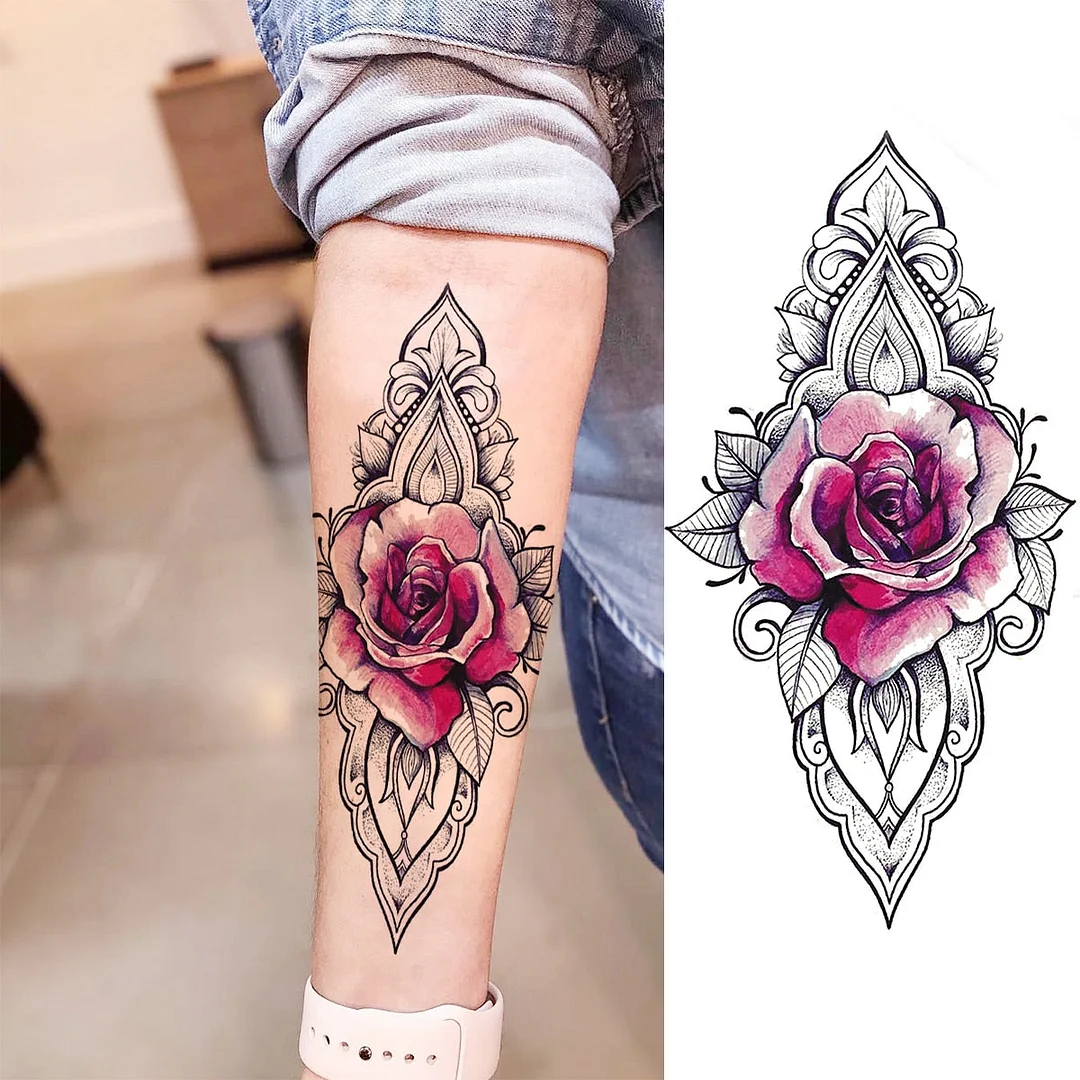 Black Lotus Pendant Temporary Tattoos For Women Adult Rose Flower Jewelry Fake Tattoo Fashion Calf Waterproof Half Sleeve Tatoos
