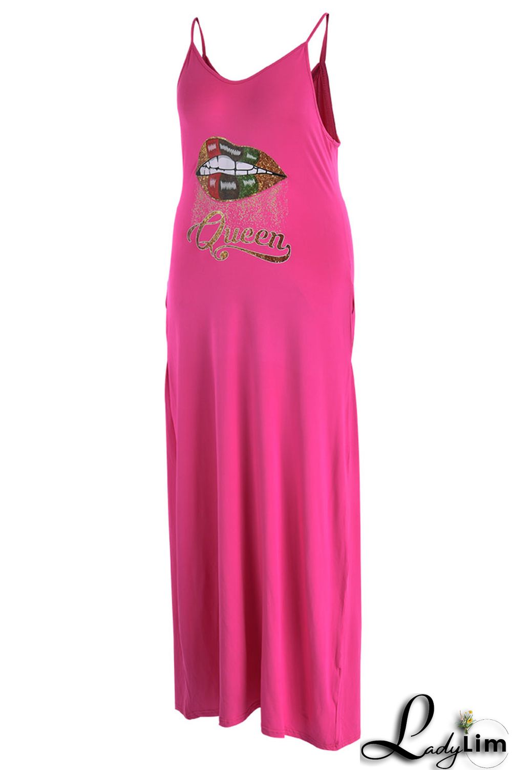 Black Casual Print Split Joint Spaghetti Strap Sling Dress Plus Size Dresses