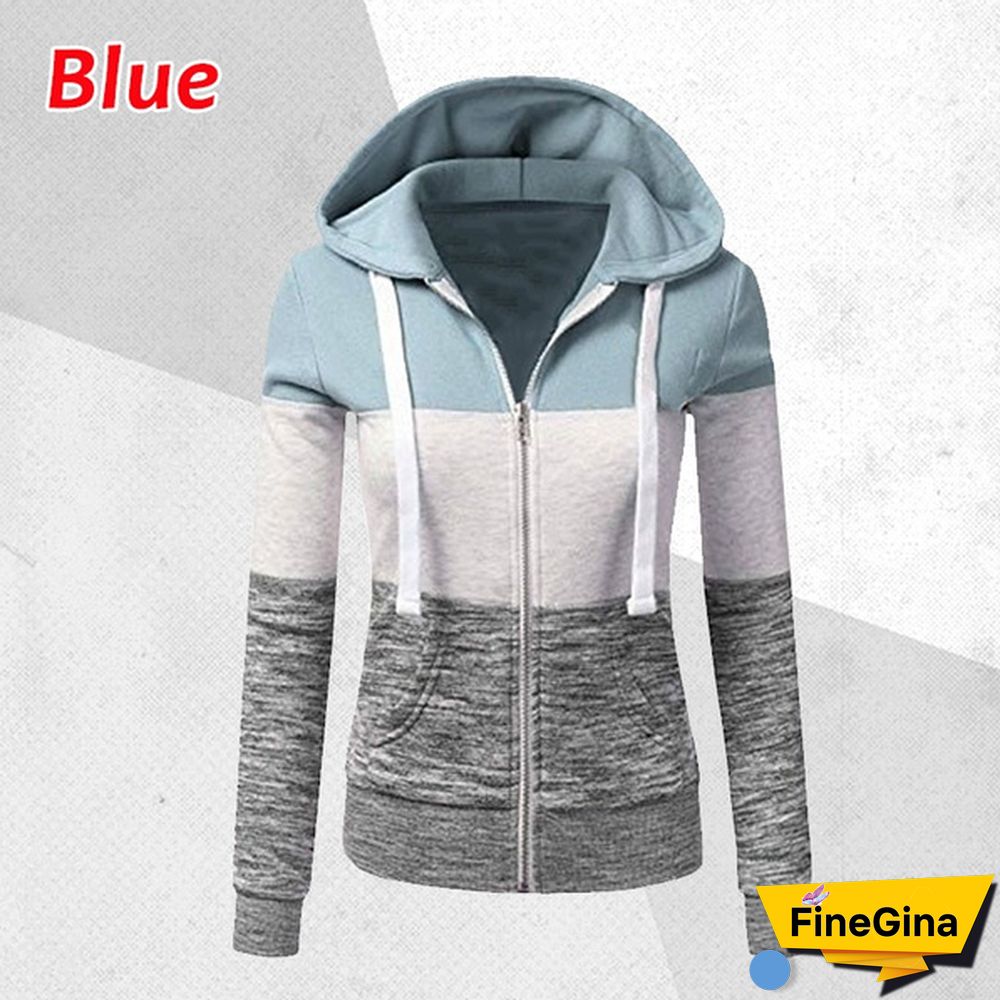 Women Spring/Autumn Casual Long Sleeve Sweatshirts Colorful Patchwork Thin Zip-Up Hoodie Jacket for Drawstring Hoodies S-5XL