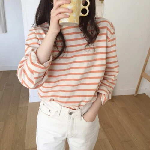 T-shirts Women Trendy Daily Long Sleeve Elegant Sweet Student Womens Classic Casual Striped Tee Korean Lady O-Neck T-shirt Loose
