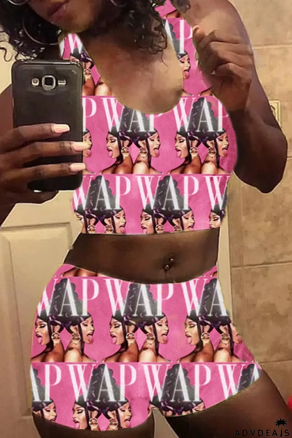 Pink Casual Sportswear Sleeveless U Neck Tank Short Print Two Pieces