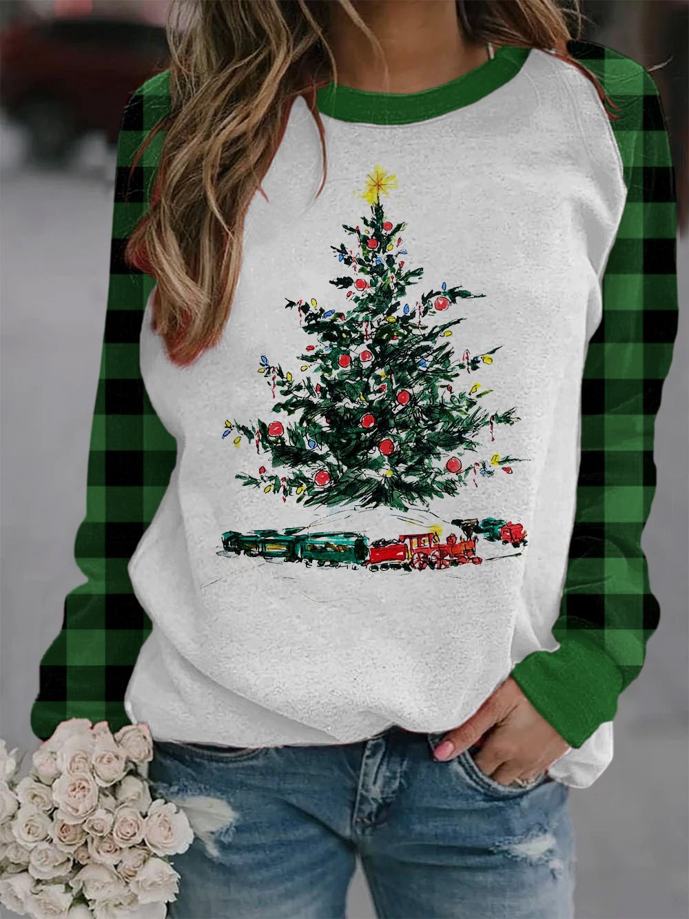 Women's Classic Check Merry Christmas Tree Print Casual Sweatshirt
