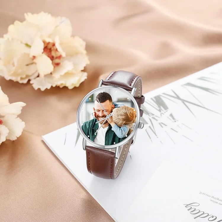 Personalized Photo Custom Couple Watch Brown Leather