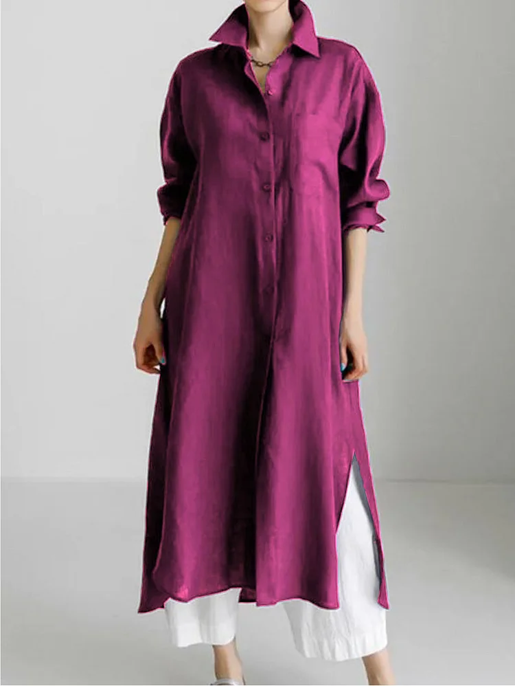 Casual Solid Color Lapel Collar Split-Side Long Sleeves Shirt Dress