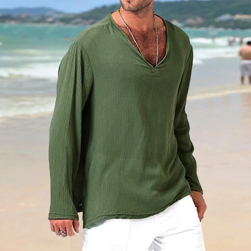 Men's Linen V-Neck Casual Loose Breathable Top Shirt