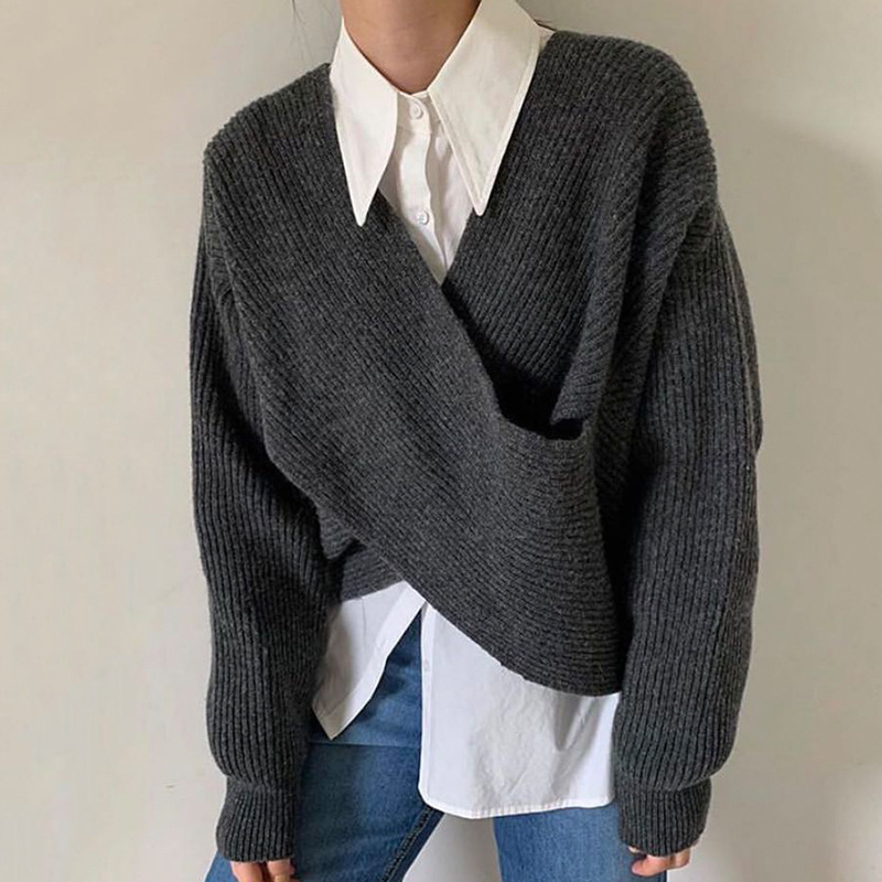 Rotimia Simple Big V Neck Cross Design Loose Sweater Sweater Women