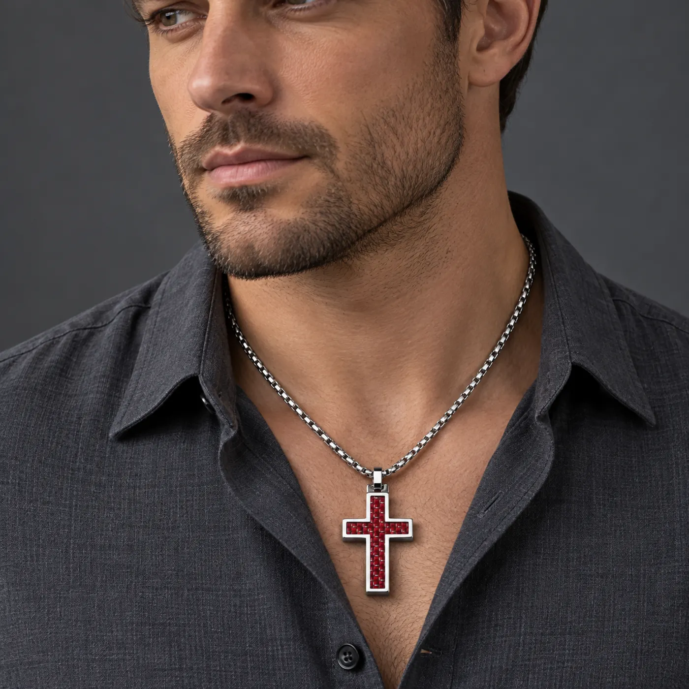  Red Carbon Fiber Inlay Tungsten Carbide Cross Pendant Necklace