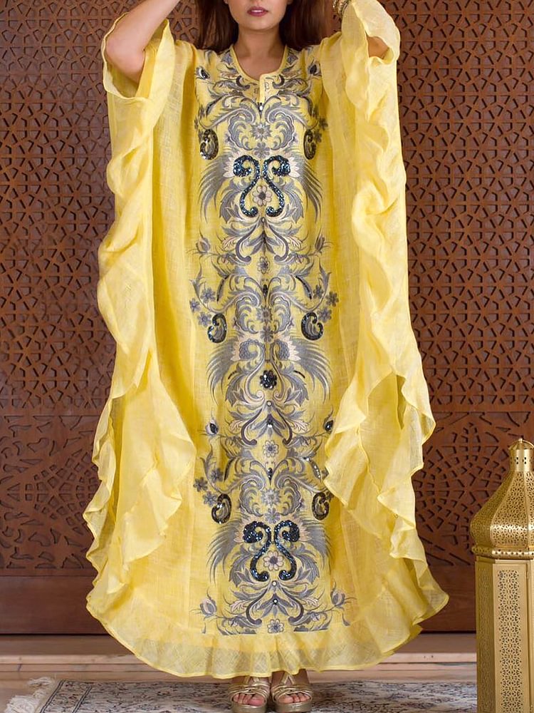 Yellow ruffled breathable kaftan dress