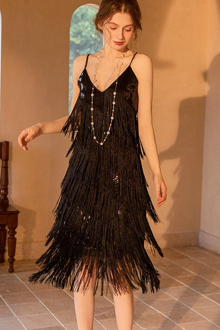 Layered Fringr V Neck Cami Sequin Dress-Red