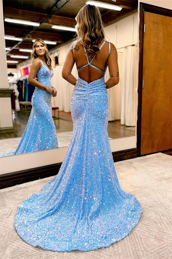 Oknass Sparkly Open-Back Sleeveless Mermaid Long Prom Dress With Sequins