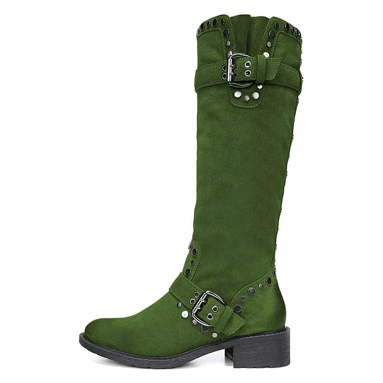 Green Vegan Suede Buckle Stud Knee Riding Boots for Women |FSJ Shoes