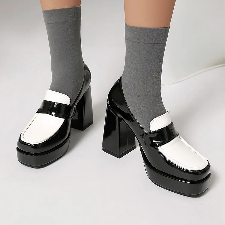 Color Block Patchwork Square Toe Platform Chunky Heels