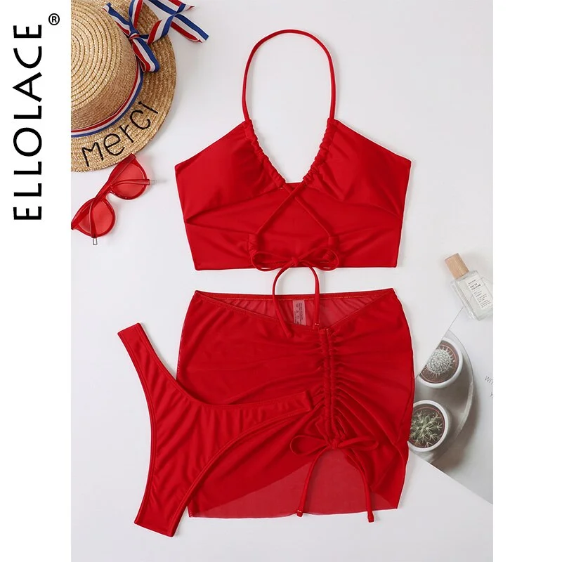 Billionm Red Women's Swimsuit Halter Luxury Swimwear Hollow Out Bikini With Cover Up Summer Beach Wear 3-Piece Bathing Suit