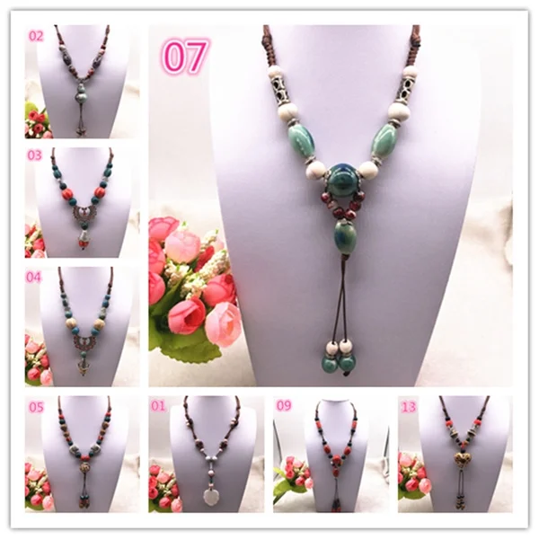 Fashion Ceramics Beads Pendant Ethnic Long Necklace Chain DIY Jewelry Style Color U Pick
