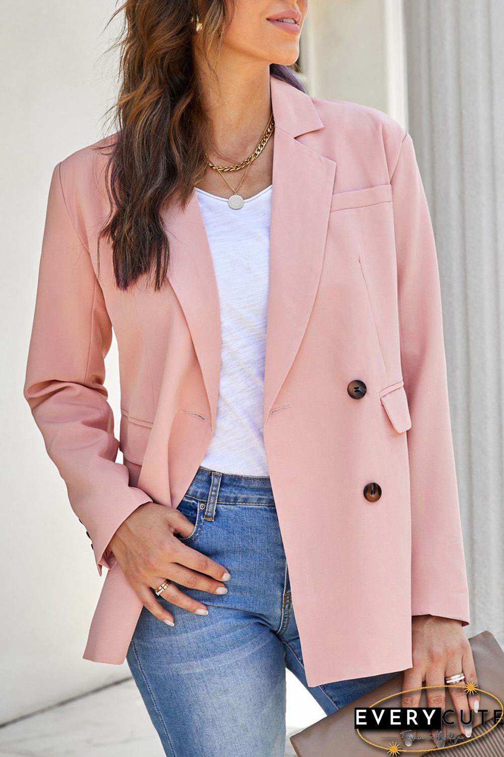 Pink Turn-Down Collar Buttons Blazer with Pockets